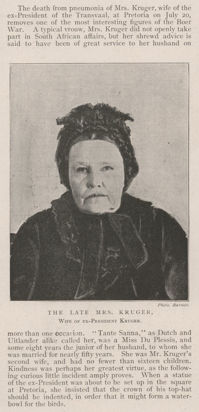 Die verstorbene Mrs. Kruger, Ehefrau des Ex-Präsidenten Kruger von English Photographer