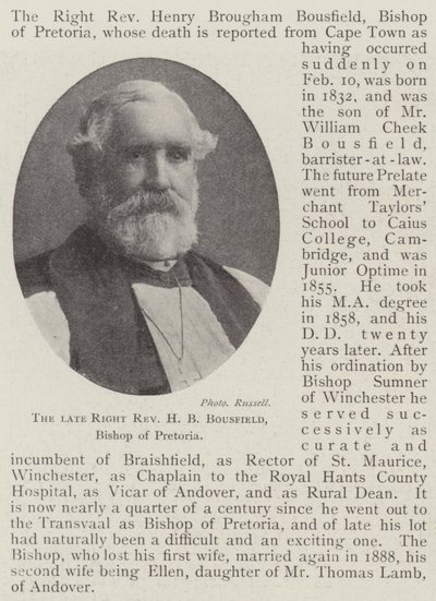 Der verstorbene rechte Reverend H B Bousfield, Bischof von Pretoria von English Photographer