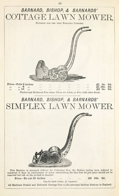 Ein Cottage und Simplex Rasenmäher, Illustration aus einem Gartenkatalog, veröffentlicht von Barnard Bishop & Barnard, 1878 von English School