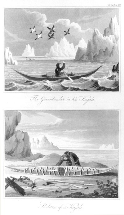 Ein Grönländer und sein Kajak, aus Geschichte von Grönland von David Crantz, 1820 von English School