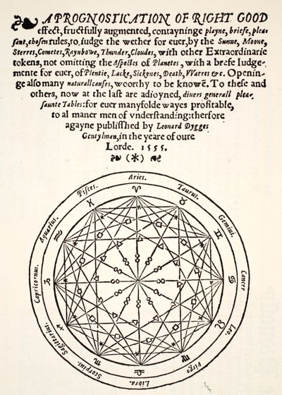 Eine Prognostikation von Leonard Dygges, gedruckt von Thomas Gemini, Blacke Friars, London, 1555 von English School