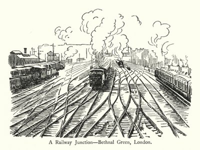 Ein Eisenbahnknotenpunkt, Bethnal Green, London (Lithographie) von English School