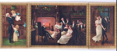 Eine viktorianische Weihnachtskarte eines Vaters und seiner Kinder, ein Vater erzählt einer Familiengruppe eine Geschichte und ein Herr versucht, eine Dame unter dem Mistelzweig zu küssen, ca. 1880 von English School