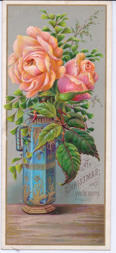 Viktorianische Weihnachtskarte mit Rosen in einer blauen Vase, ca. 1880 von English School