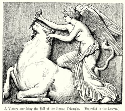Eine Siegesgöttin opfert den Stier der römischen Triumphe (Basrelief im Louvre) (Gravur) von English School