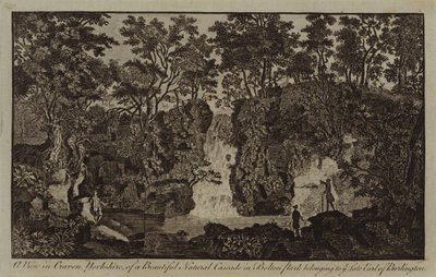 Eine Ansicht in Craven, Yorkshire, von einem schönen natürlichen Wasserfall im Bolton Park, der dem verstorbenen Earl of Burlington gehörte von English School