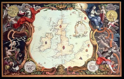 Eine Karte, die die verschiedenen Orte der Aktionen zwischen den englischen und spanischen Flotten zeigt, mit den Orten, an denen mehrere spanische Schiffe auf ihrer Rückkehr nach Spanien zerstört wurden, veröffentlicht 1739, von John Pine von English School
