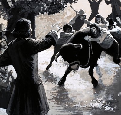 Eine Gruppe von Störern versuchte, John Wesleys Predigt zu stören, indem sie einen Stier in die Menge trieben von English School
