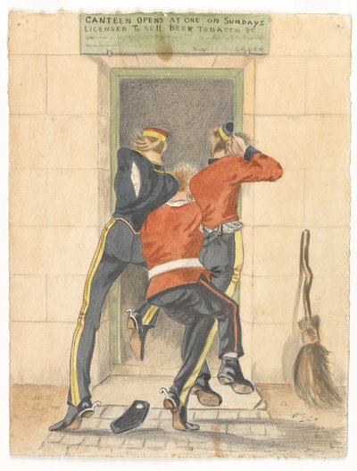 Ein Husar, ein Infanterist und ein Dragoner in Dienstuniform, die um den Eingang einer Kantine kämpfen, ca. 1890 von English School