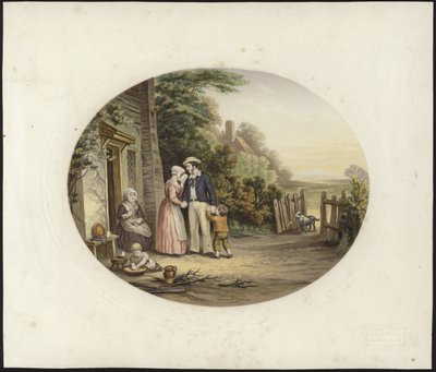 Ein Mann steht mit seiner Familie am Eingang eines Hauses von English School