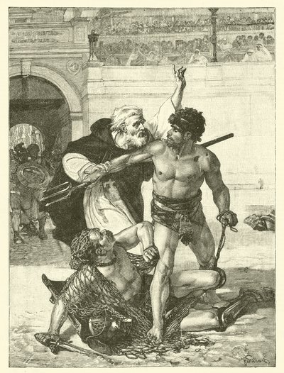Ein Mönch, Telemachus, versucht die Gladiatorenspiele im Kolosseum, Rom zu stoppen von English School