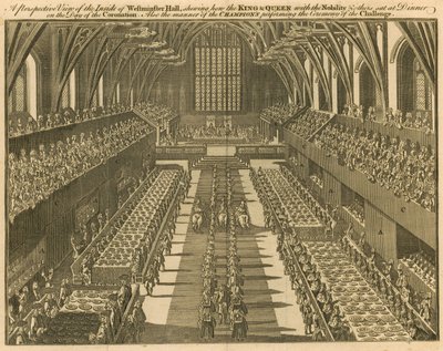 Einblick in die Westminster Hall, wie der König und die Königin mit dem Adel und anderen am Krönungstag zu Tisch saßen von English School