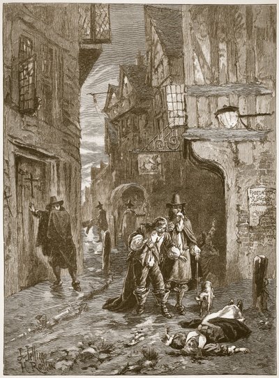 Eine Straße in London während der Großen Pest, Illustration aus Cassells Illustrierter Geschichte Englands von English School