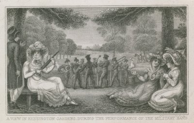 Eine Ansicht der Kensington Gardens, London, während der Aufführung der Militärkapelle von English School