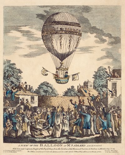 Ansicht des Ballons von Herrn Sadler und Kapitän Paget der Royal Navy, aufsteigend aus den Gärten der Mermaid Tavern in Hackney am Montag, 12. August von English School