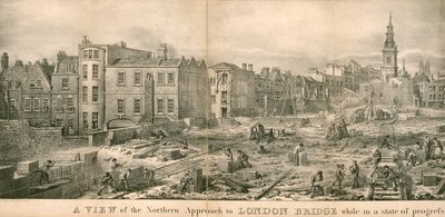 Eine Ansicht des nördlichen Zugangs zur London Bridge während des Baus von English School
