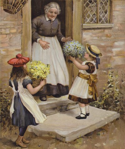 Eine Frau schaut zu, wie zwei junge Mädchen ihr Blumen überreichen von English School