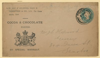 Adressetikett von Rowntree & Co, The Cocoa Works, York von English School