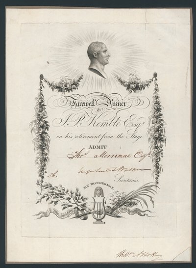 Eintrittskarte zum Abendessen zur Feier von John Kembles Abschied von der Bühne, 1819 von English School