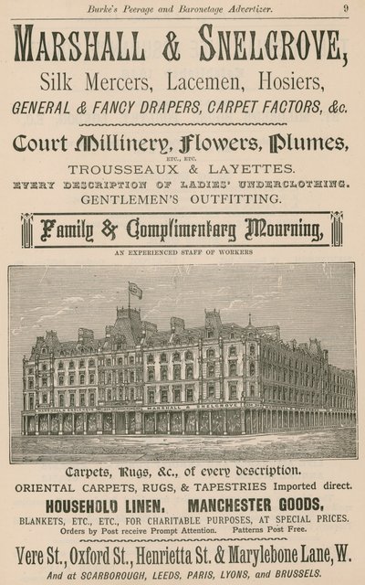 Werbung für Marshall & Snelgrove, Seidenhändler, Spitzenhändler, Strumpfhändler von English School