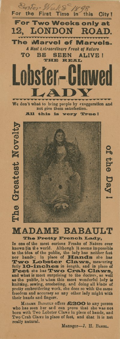 Anzeige für einen Auftritt von Madame Babault, der Hummerklauen-Dame von English School