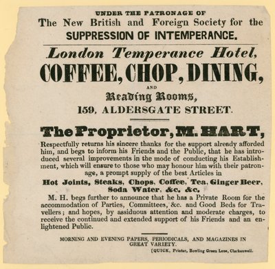 Anzeige für das London Temperance Hotel, unter der Schirmherrschaft der New British and Foreign Society for the Suppression of Intemperance von English School