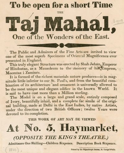 Werbung für die Ausstellung eines Modells des Taj Mahal im Haymarket 5, London von English School
