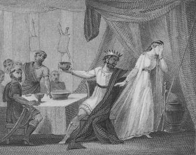 Alboin, König der Langobarden, fordert seine Frau Rosamund auf, aus seinem Lieblingsbecher zu trinken, der aus dem Schädel ihres Vaters Cunimund, König der Gepiden, gemacht ist von English School