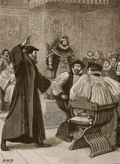 Andrew Melville vor dem schottischen Geheimrat, Illustration aus Cassells Illustrierter Geschichte Englands von English School