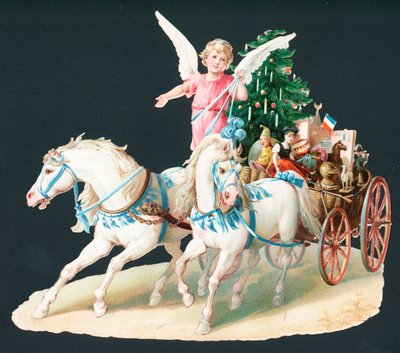 Engel auf Pferd liefert Geschenke aus, Weihnachtskarte von English School