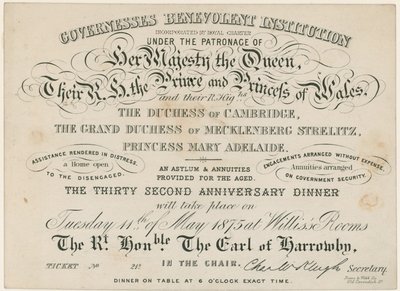 Jubiläumsdinner für die Wohltätigkeitsinstitution der Gouvernanten, 1875 von English School