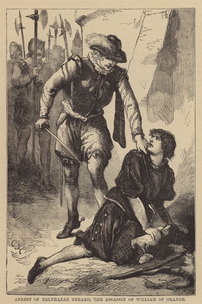 Verhaftung von Balthasar Gerard, dem Mörder von Wilhelm von Oranien (Gravur) von English School
