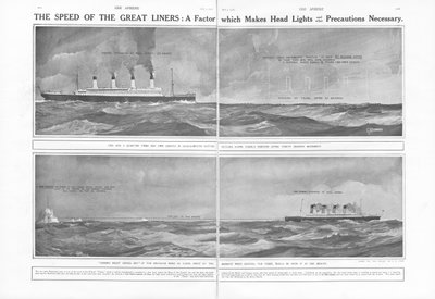 Artikel über die Geschwindigkeit der großen Liner: Ein Faktor, der Scheinwerfer und andere Vorsichtsmaßnahmen notwendig macht, aus The Sphere, 04. Mai 1912 von English School