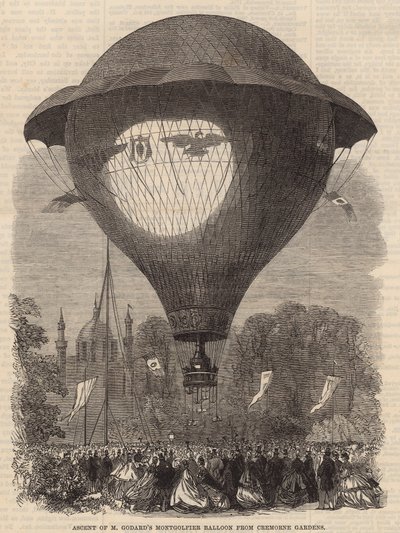 Aufstieg des Montgolfier-Ballons von M. Godard aus den Cremorne Gardens von English School