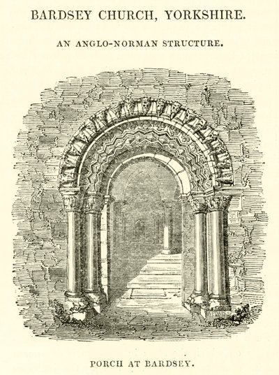 Bardsey Kirche, Yorkshire, eine anglo-normannische Struktur, Vorhalle in Bardsey von English School