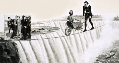 Blondin (Francois Gravelet) schiebt eine Schubkarre über ein Seil über die Niagarafälle von English School