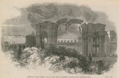 Sprengung des östlichen Bogens des Großen Ausstellungsgebäudes von English School