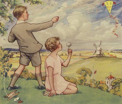 Junge und Mädchen fliegen einen Drachen von English School