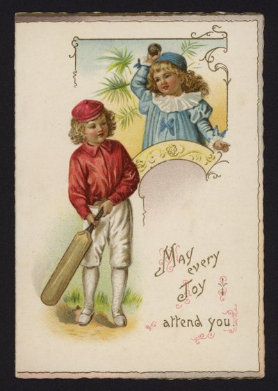 Junge und Mädchen spielen Cricket, Grußkarte, späte 19. oder frühe 20. Jahrhundert von English School