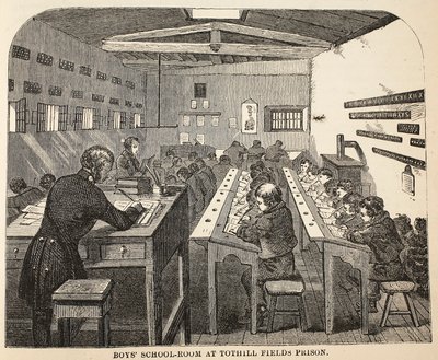 Schulraum für Jungen im Tothill Fields Prison, Illustration aus The Criminal Prisons of London and Scenes from Prison Life von Henry Mayhew und John Binny, veröffentlicht 1862 von English School