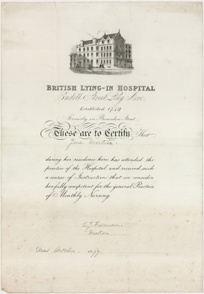 British Lying-In Hospital. Pflegezertifikat von English School