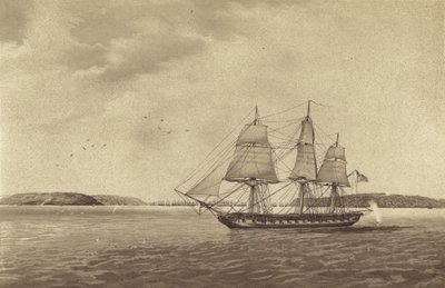 Britische Fregatte HMS Fisgard, kommandiert von Kapitän Thomas Byam Martin, bei der Aufklärung vor Brest, Frankreich von English School