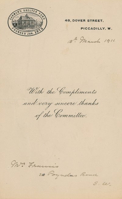 Unterstand für Kutscher Fun, gegründet im Januar 1875. Brief von English School