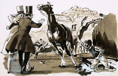 Captain Becher, bei einem Zaun während des Grand National abgeworfen von English School