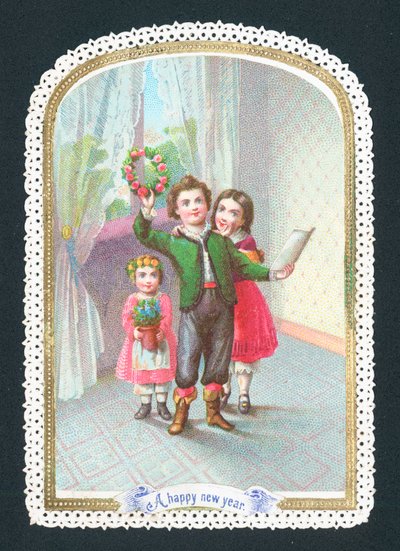 Kinder mit Kranz und Blumen, Neujahrskarte von English School