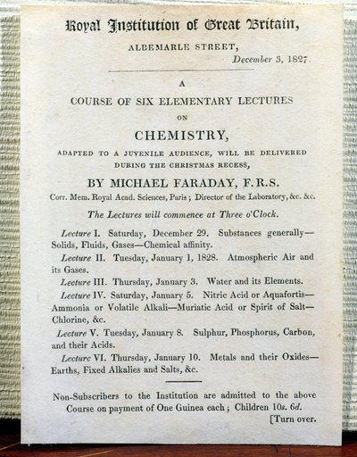 Weihnachtshandzettel für sechs elementare Vorlesungen über Chemie von Michael Faraday, 3. Dezember 1827 von English School