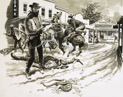 Cole Younger, ein Mitglied der Jesse-James-Bande, in einer Schießerei von English School