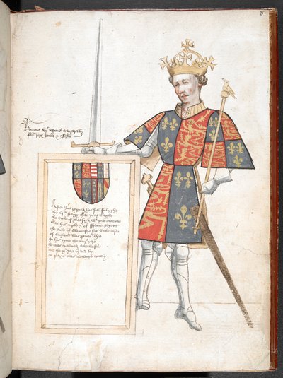 Englischer König in Rüstung und Wappenrock (Heinrich VI), präsentiert eine Plakette mit Versen, Illustration aus 