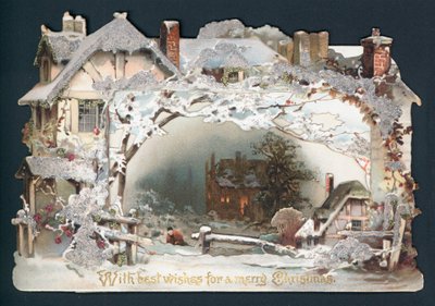 Hütte im Schnee, Weihnachtskarte von English School