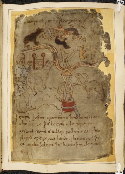 Drei hundeähnliche Ameisen greifen ein angebundenes Kamel an, Mann in einer Tunika, Illustration aus Beowulf, aus dem 